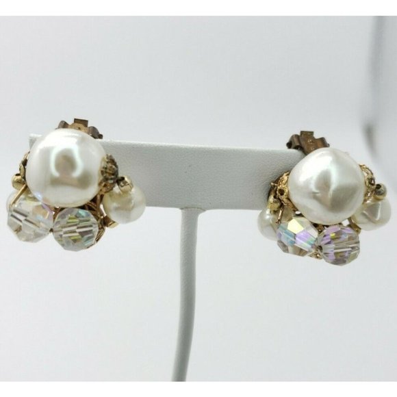 Earrings Clip On Faux Pearl AB Rhinestone Vintage - Picture 9 of 12